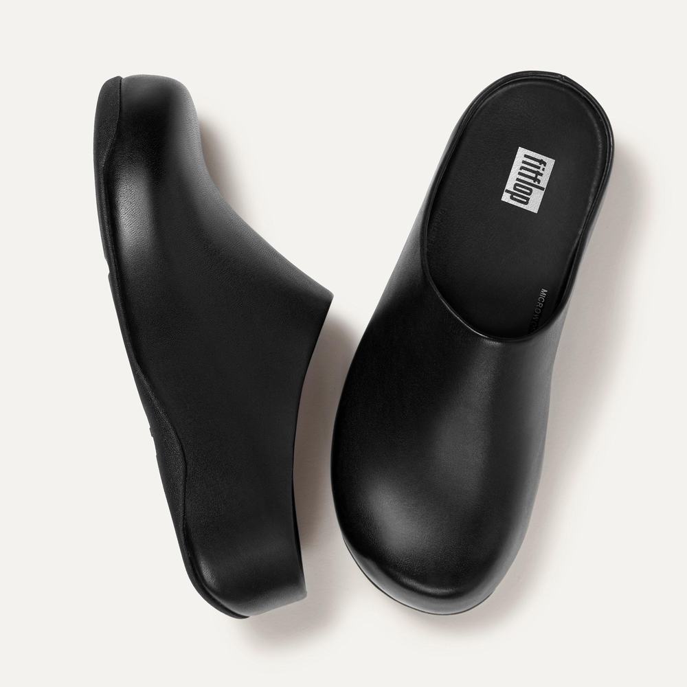 Women's Fitflop SHUV Leather Clogs Black | Ireland-46150