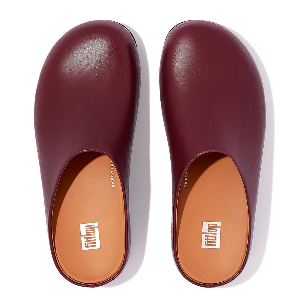 Women's Fitflop SHUV Leather Clogs Burgundy | Ireland-69481