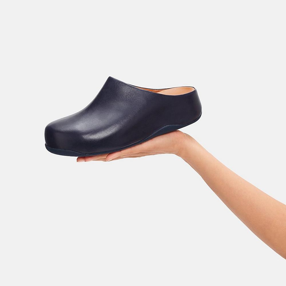 Women's Fitflop SHUV Leather Clogs Navy | Ireland-45072