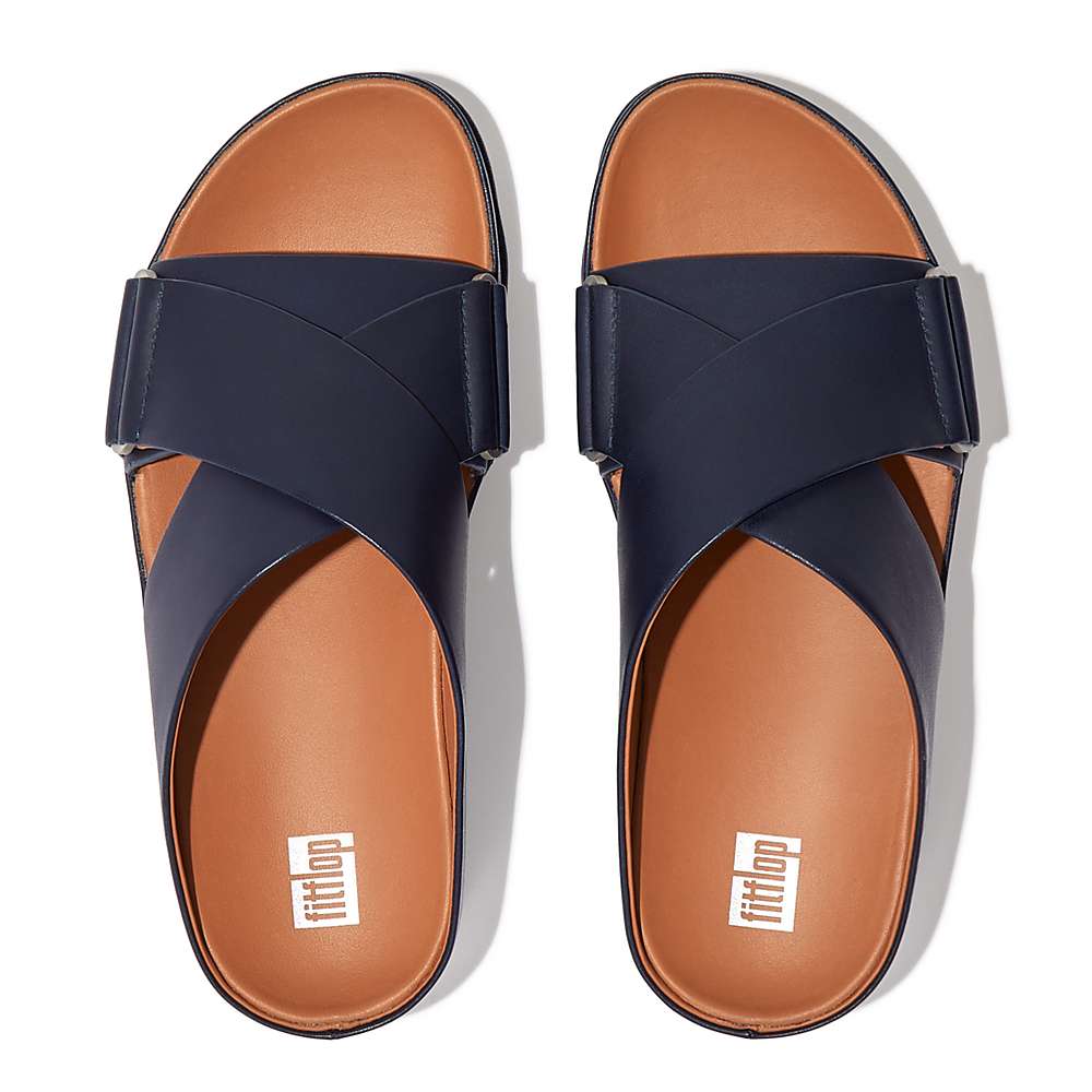 Women's Fitflop SHUV Leather Cross Slides Sandals Navy | Ireland-01435