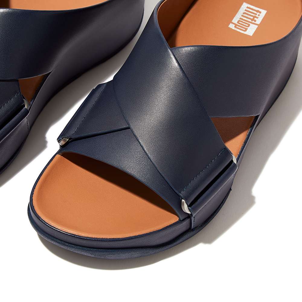 Women's Fitflop SHUV Leather Cross Slides Sandals Navy | Ireland-01435