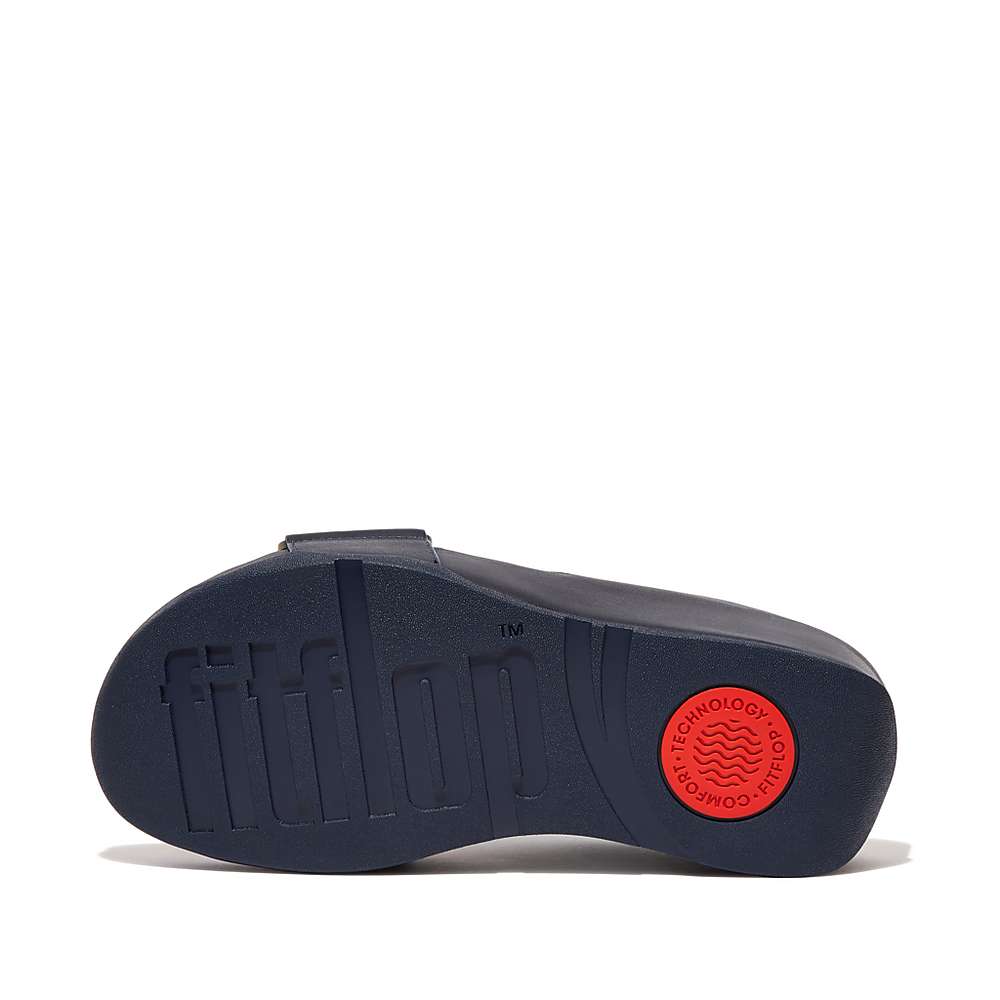 Women's Fitflop SHUV Leather Cross Slides Sandals Navy | Ireland-01435