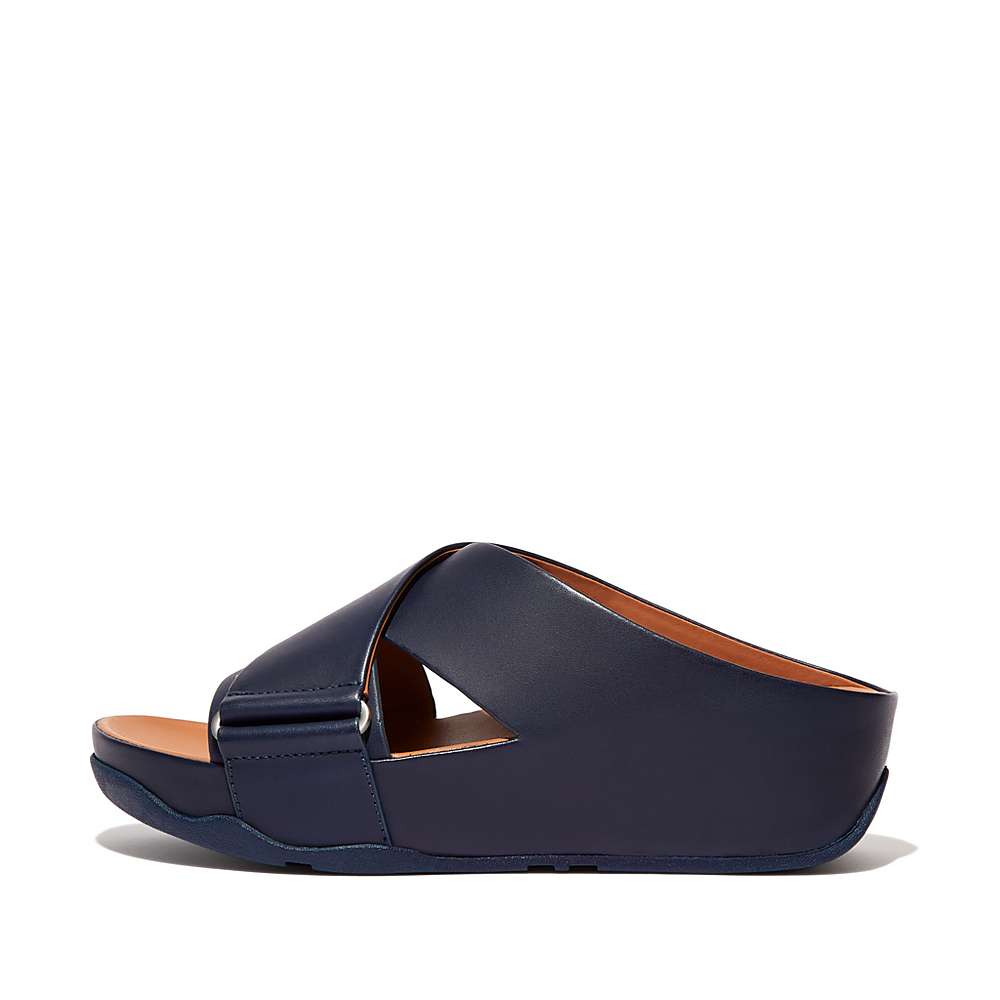 Women\'s Fitflop SHUV Leather Cross Slides Sandals Navy | Ireland-01435