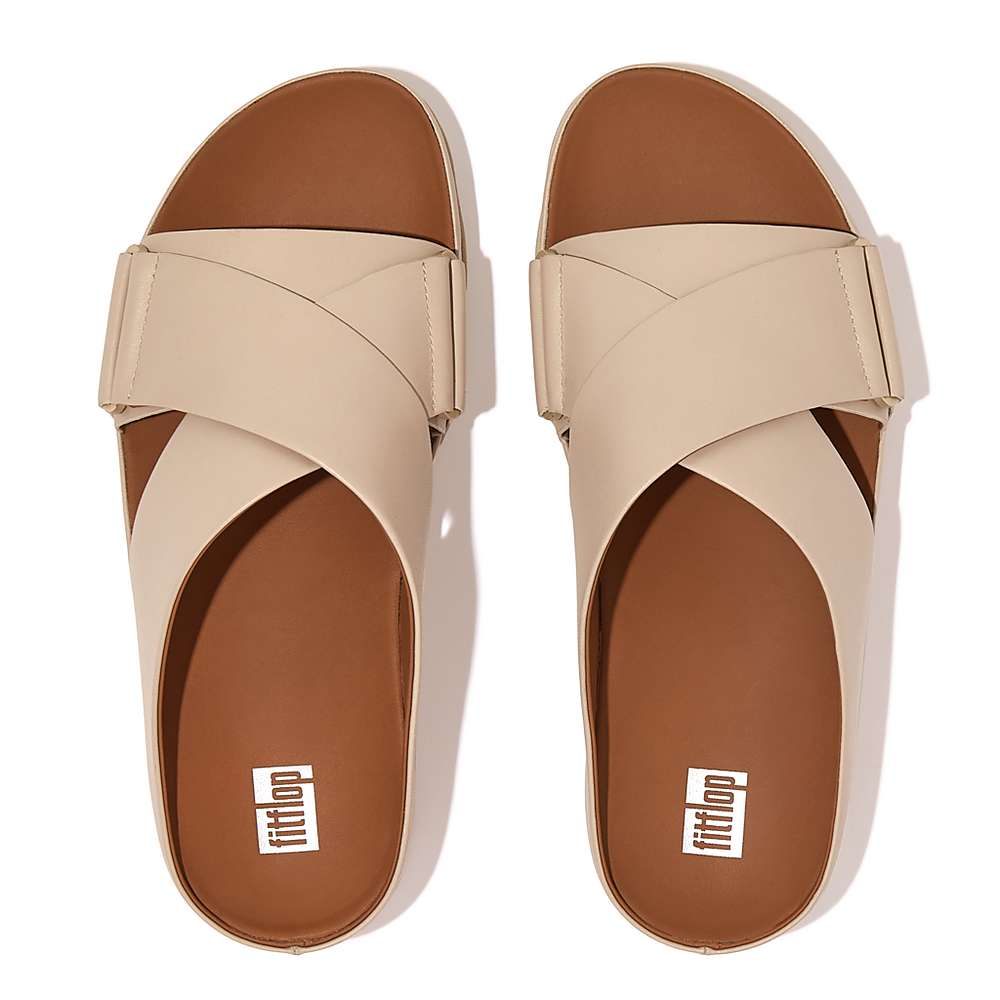 Women's Fitflop SHUV Leather Cross Slides Sandals Grey Beige | Ireland-10537