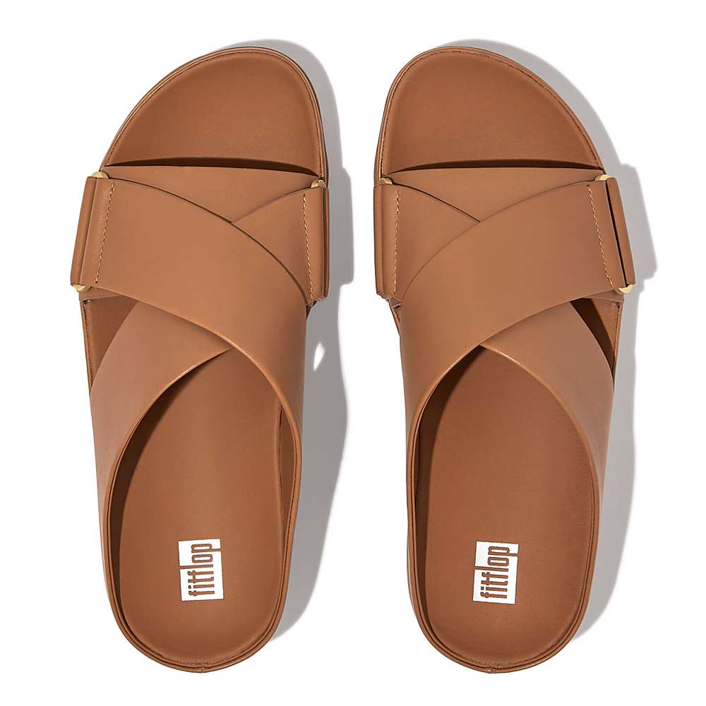 Women's Fitflop SHUV Leather Cross Slides Sandals Brown | Ireland-20368