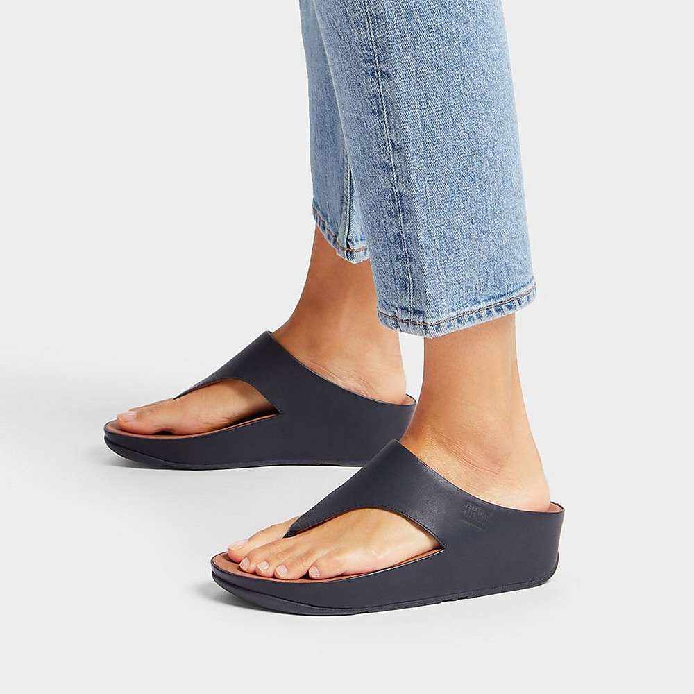 Women's Fitflop SHUV Leather Toe-Post Sandals Navy | Ireland-68417