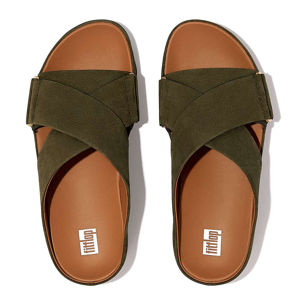 Women's Fitflop SHUV Nubuck Cross Slides Sandals Olive | Ireland-08624