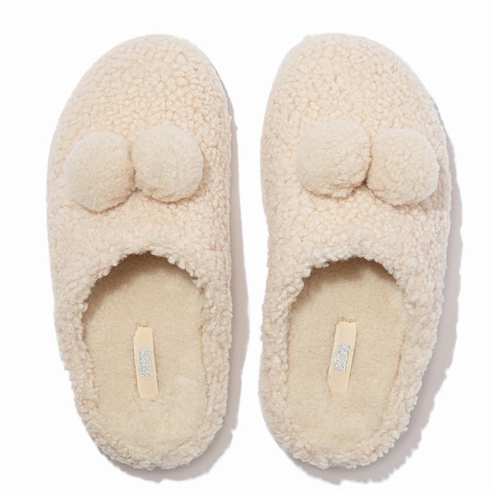 Women's Fitflop SHUV Pom-Pom Shearling Clog Slippers White | Ireland-35182