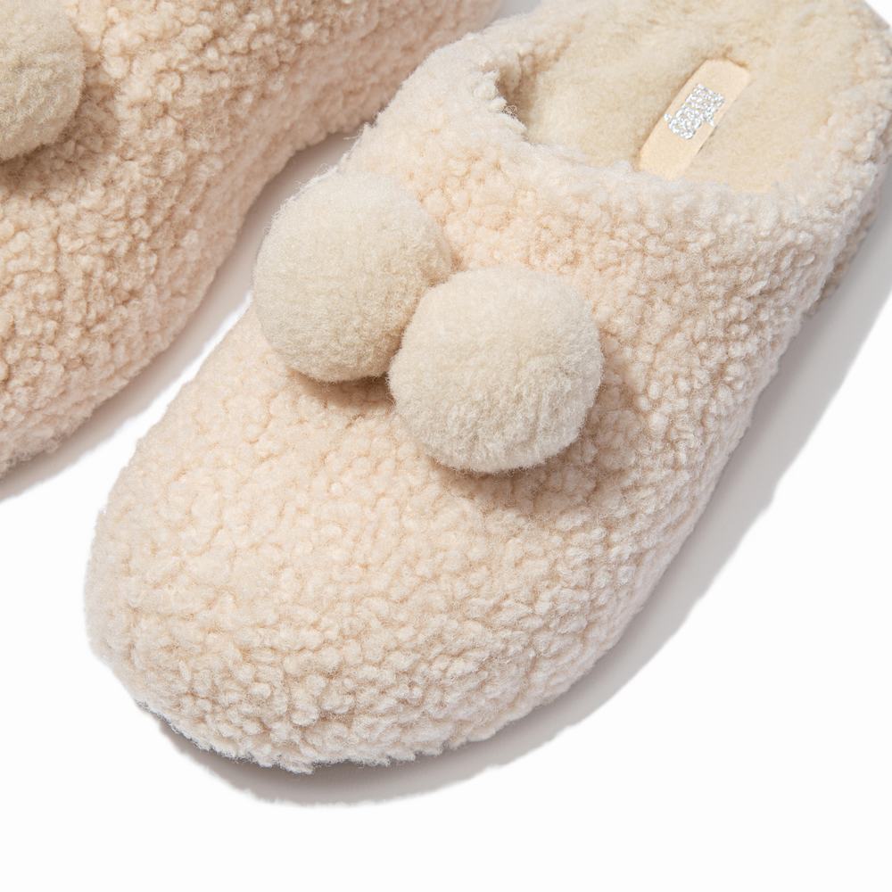 Women's Fitflop SHUV Pom-Pom Shearling Clog Slippers White | Ireland-35182