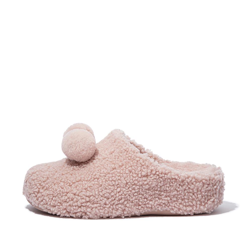 Women\'s Fitflop SHUV Pom-Pom Shearling Clog Slippers Pink | Ireland-47368