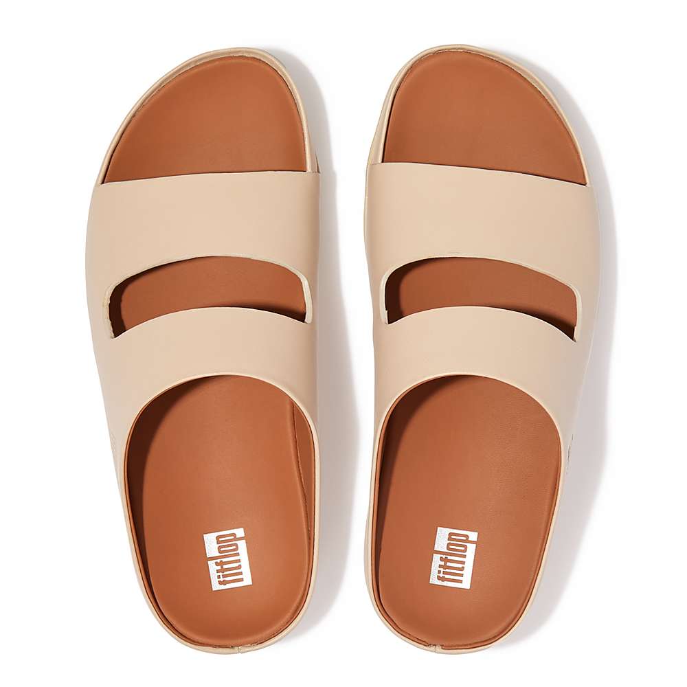 Women's Fitflop SHUV Two-Bar Leather Slides Sandals Grey Beige | Ireland-19730