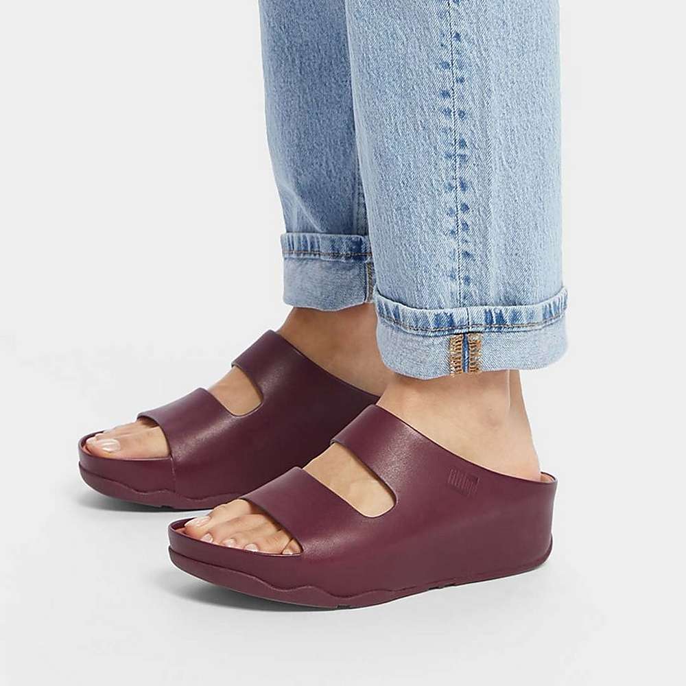 Women's Fitflop SHUV Two-Bar Leather Slides Sandals Burgundy | Ireland-42639