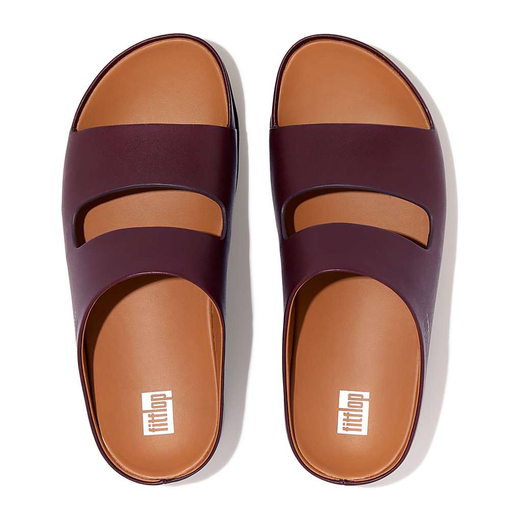 Women's Fitflop SHUV Two-Bar Leather Slides Sandals Burgundy | Ireland-42639