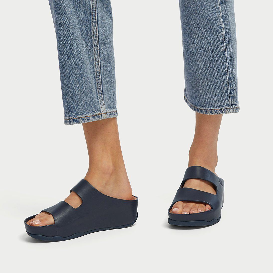 Women's Fitflop SHUV Two-Bar Leather Slides Sandals Navy | Ireland-86407