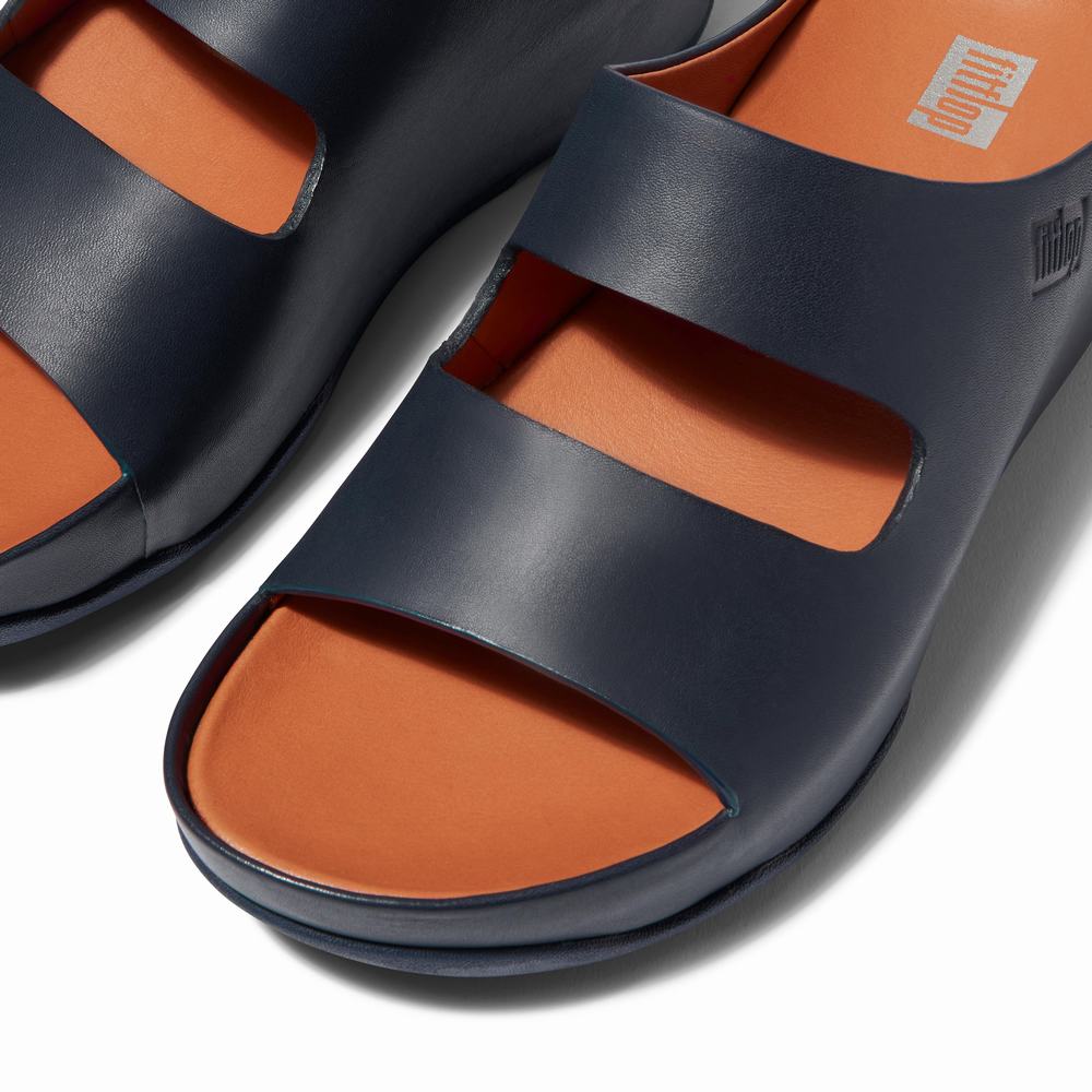 Women's Fitflop SHUV Two-Bar Leather Slides Sandals Navy | Ireland-86407