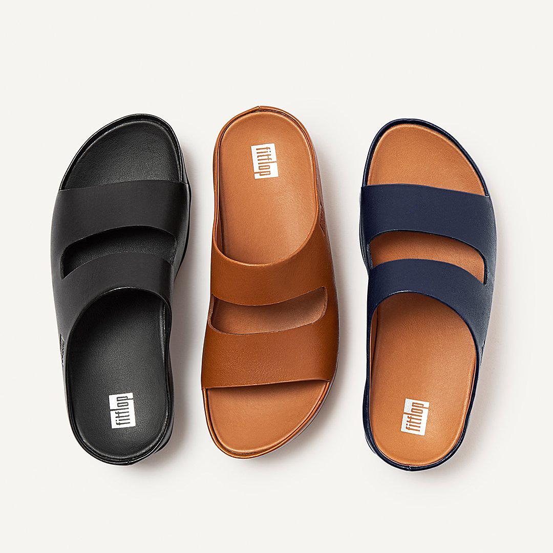 Women's Fitflop SHUV Two-Bar Leather Slides Sandals Navy | Ireland-86407