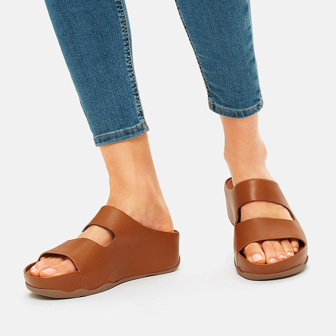 Women's Fitflop SHUV Two-Bar Leather Slides Sandals Light Brown | Ireland-90536