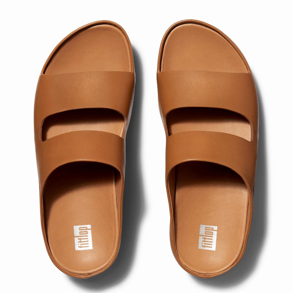 Women's Fitflop SHUV Two-Bar Leather Slides Sandals Light Brown | Ireland-90536