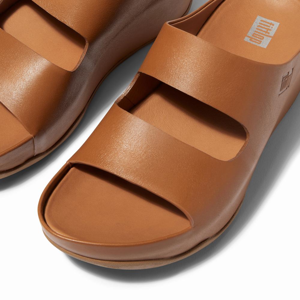 Women's Fitflop SHUV Two-Bar Leather Slides Sandals Light Brown | Ireland-90536