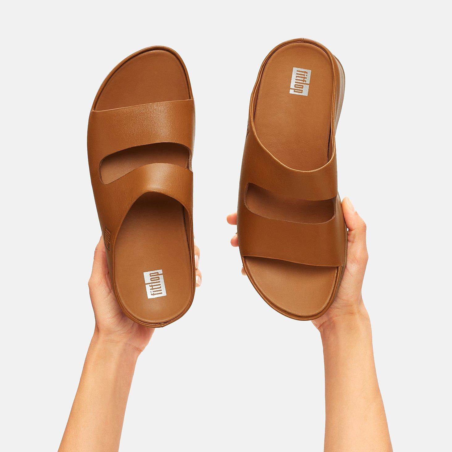 Women's Fitflop SHUV Two-Bar Leather Slides Sandals Light Brown | Ireland-90536