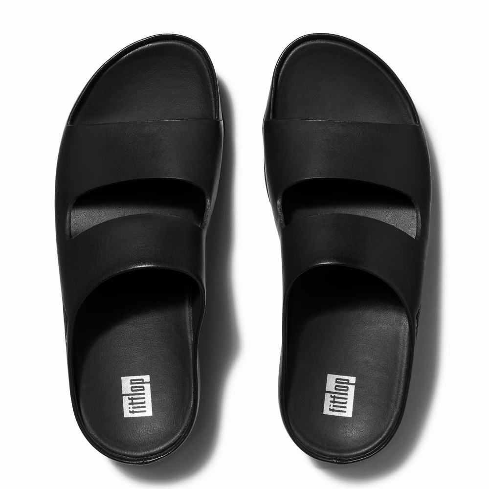 Women's Fitflop SHUV Two-Bar Leather Slides Sandals Black | Ireland-95120