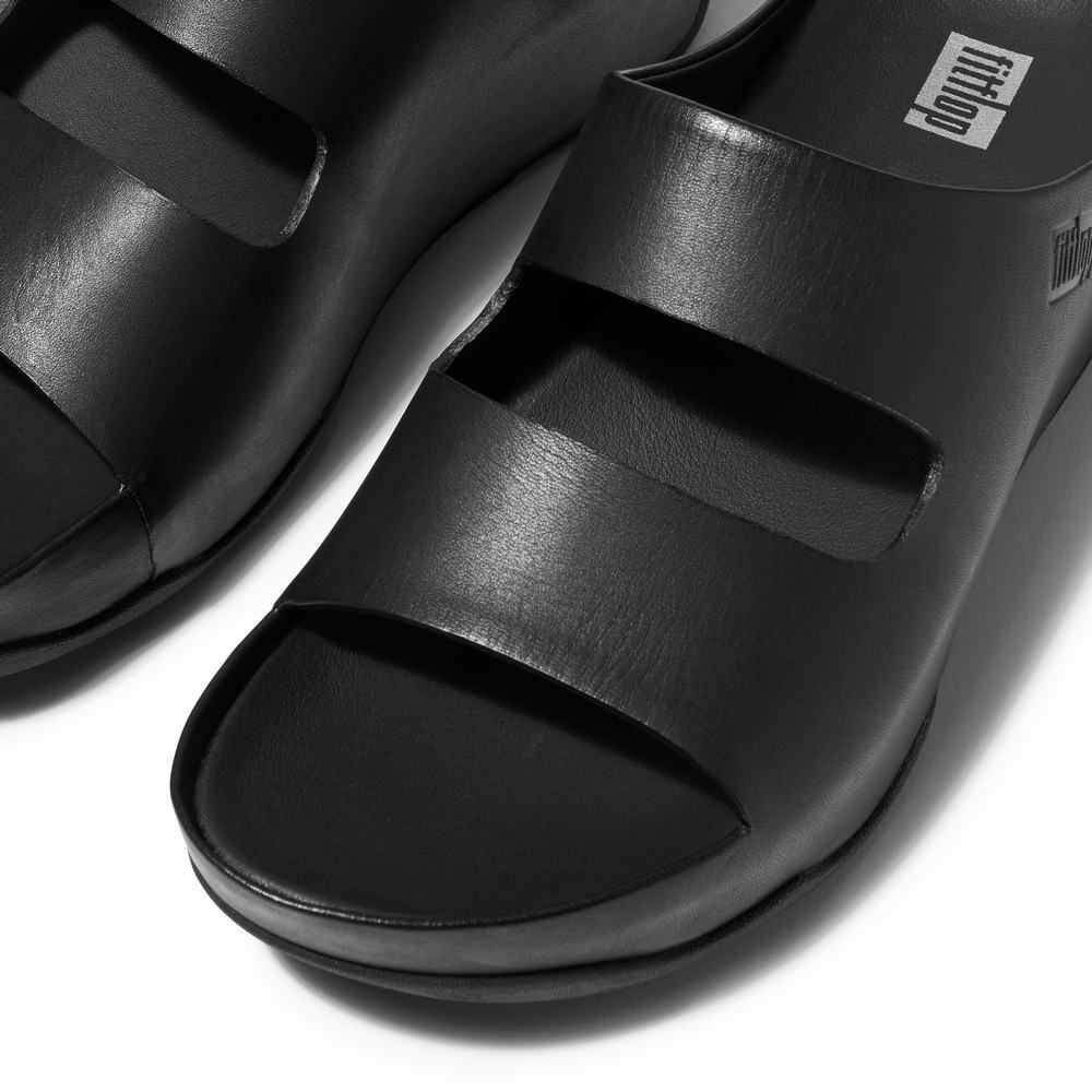 Women's Fitflop SHUV Two-Bar Leather Slides Sandals Black | Ireland-95120