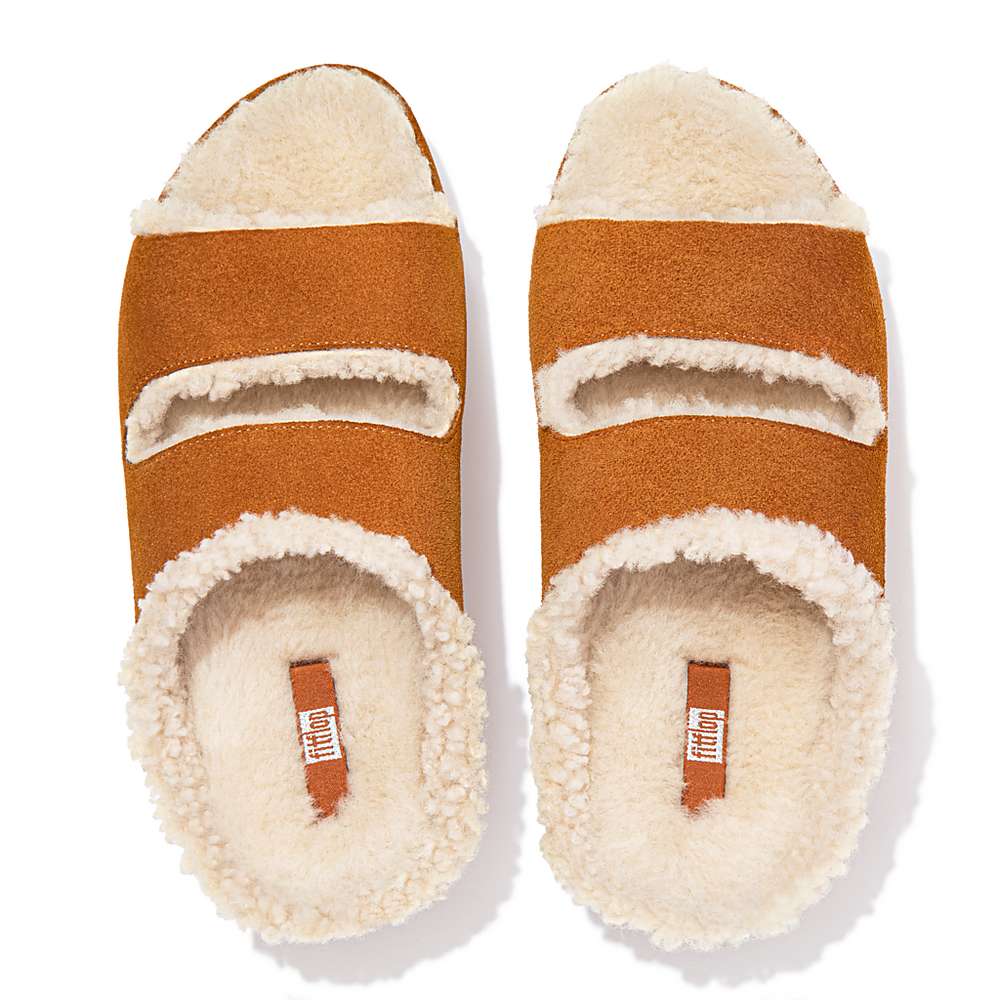 Women's Fitflop SHUV Two-Bar Shearling Suede Slides Slippers Light Brown | Ireland-21786