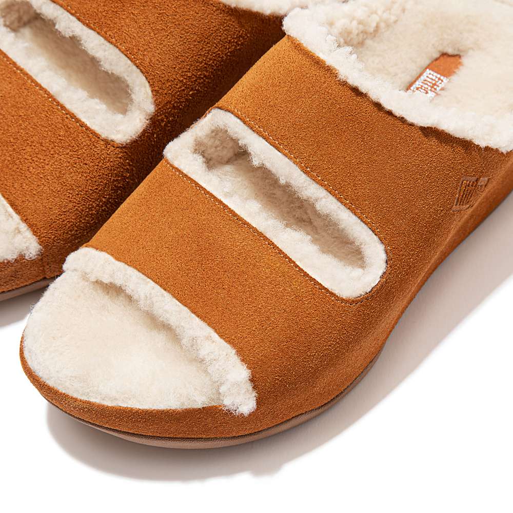 Women's Fitflop SHUV Two-Bar Shearling Suede Slides Slippers Light Brown | Ireland-21786