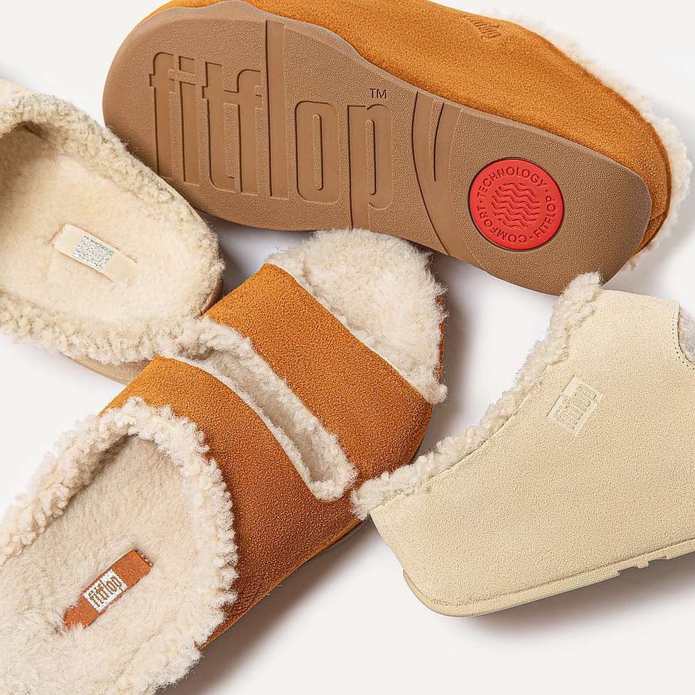 Women's Fitflop SHUV Two-Bar Shearling Suede Slides Slippers Light Brown | Ireland-21786