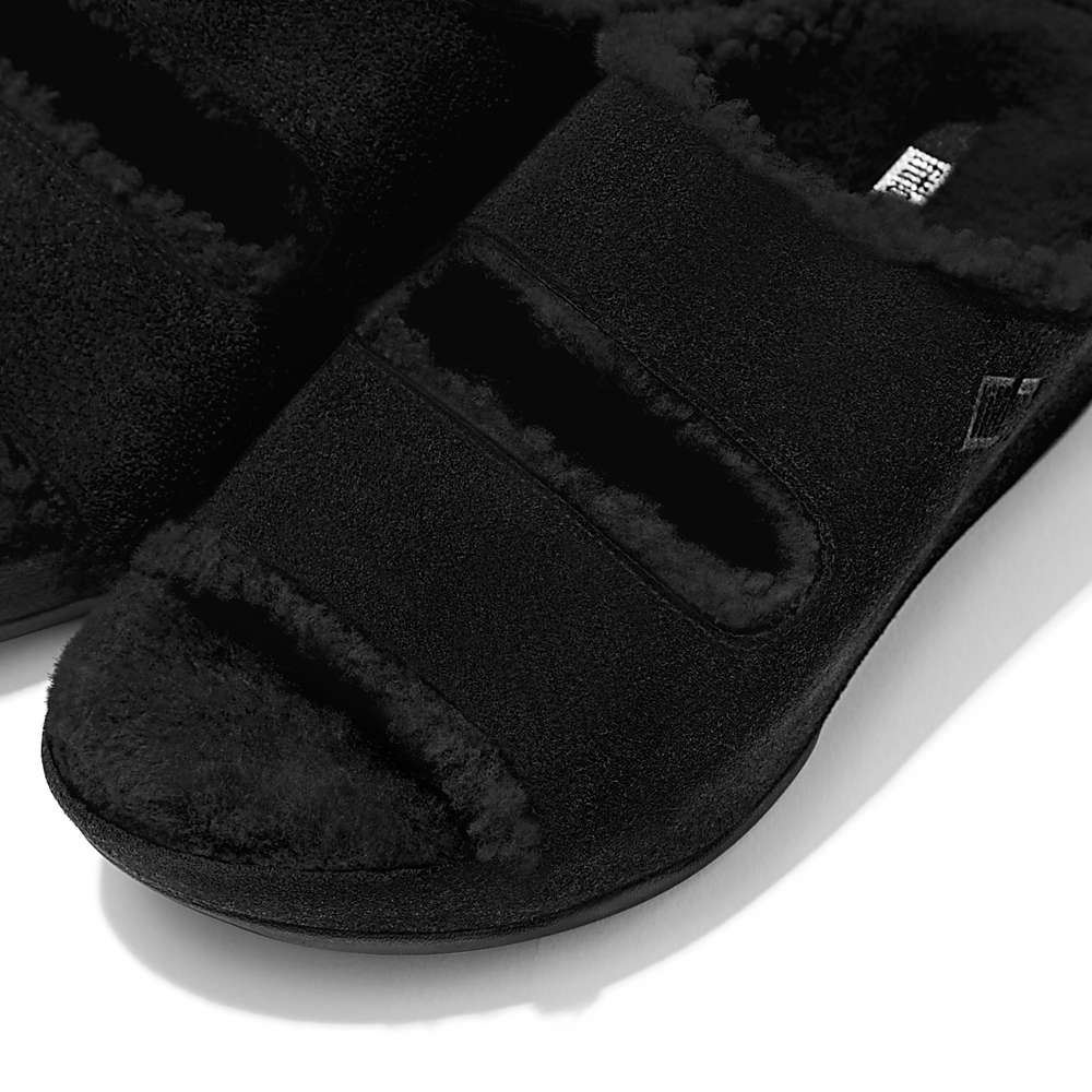 Women's Fitflop SHUV Two-Bar Shearling Suede Slides Slippers Black | Ireland-26310