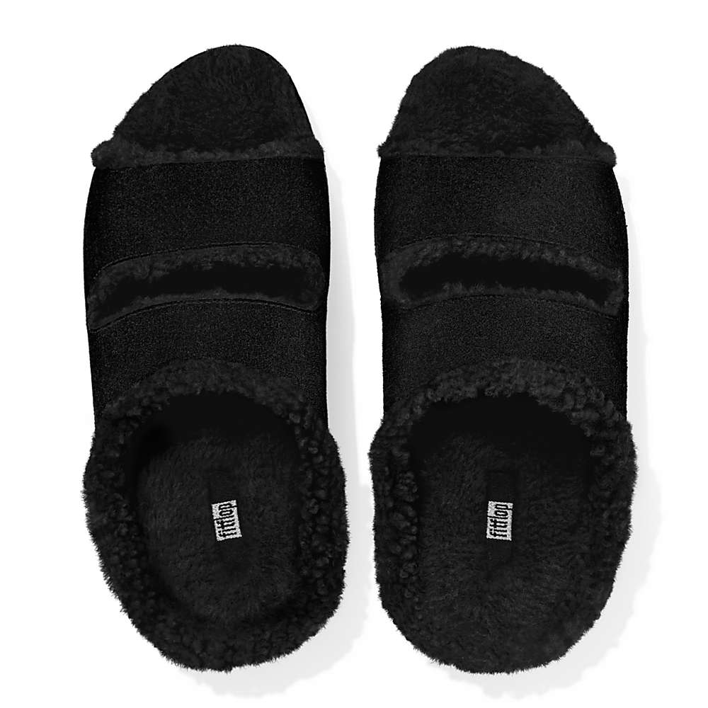 Women's Fitflop SHUV Two-Bar Shearling Suede Slides Slippers Black | Ireland-26310