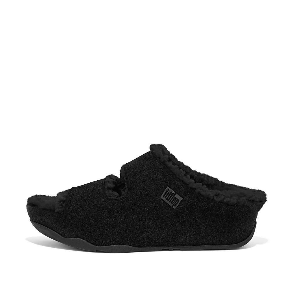 Women\'s Fitflop SHUV Two-Bar Shearling Suede Slides Slippers Black | Ireland-26310