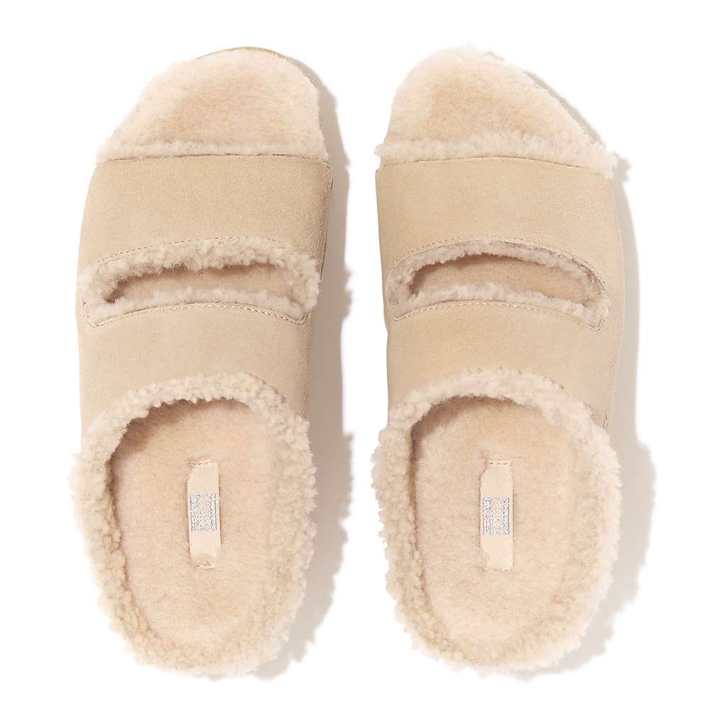 Women's Fitflop SHUV Two-Bar Shearling Suede Slides Slippers Cream | Ireland-28301