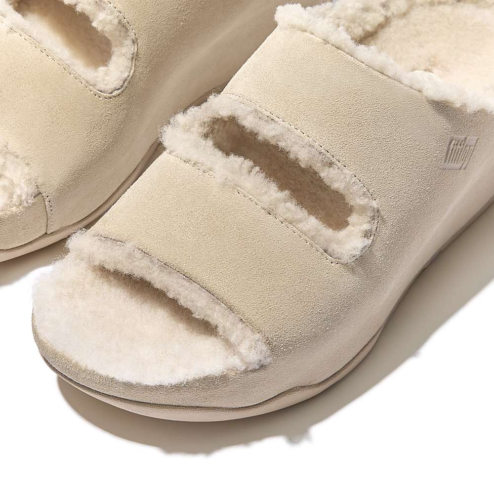 Women's Fitflop SHUV Two-Bar Shearling Suede Slides Slippers Cream | Ireland-28301