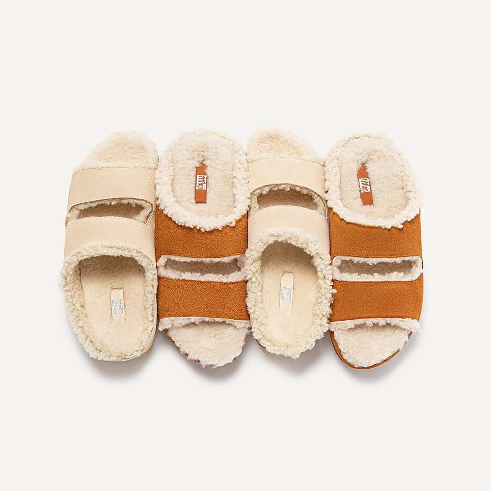 Women's Fitflop SHUV Two-Bar Shearling Suede Slides Slippers Cream | Ireland-28301