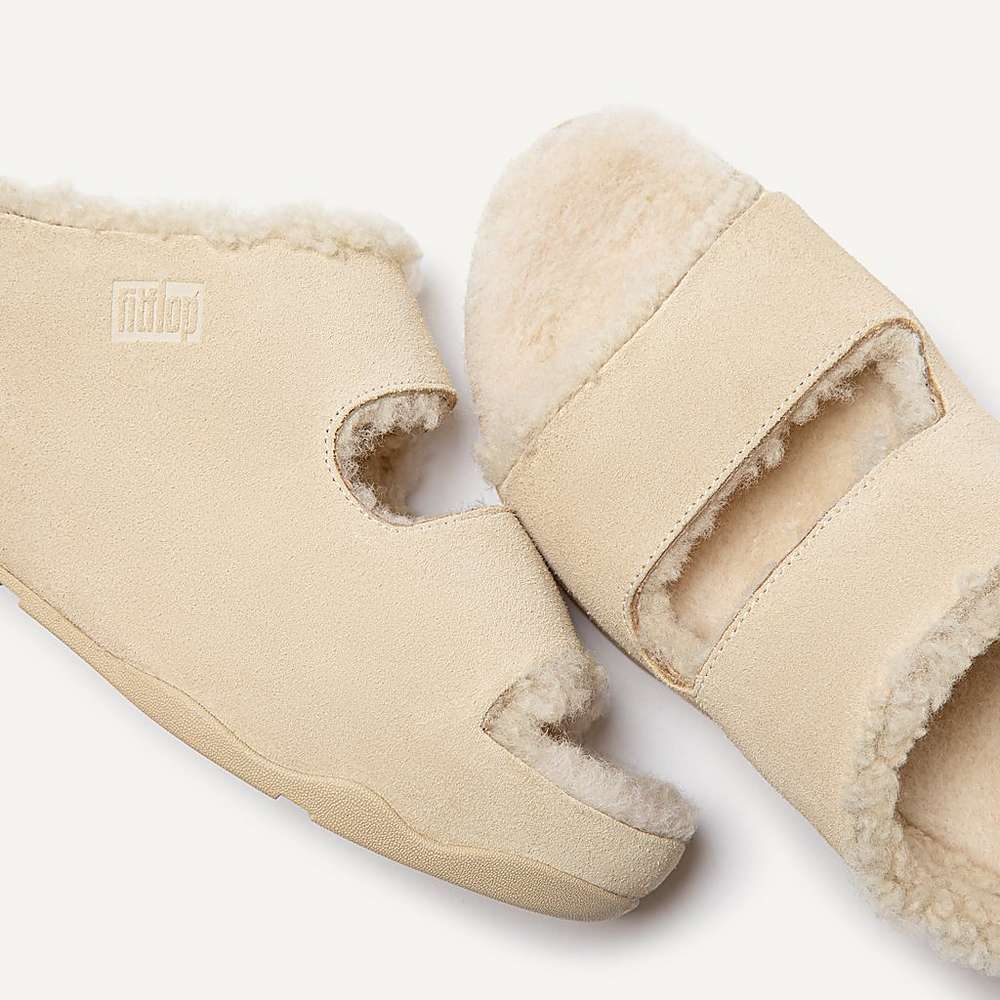 Women's Fitflop SHUV Two-Bar Shearling Suede Slides Slippers Cream | Ireland-28301