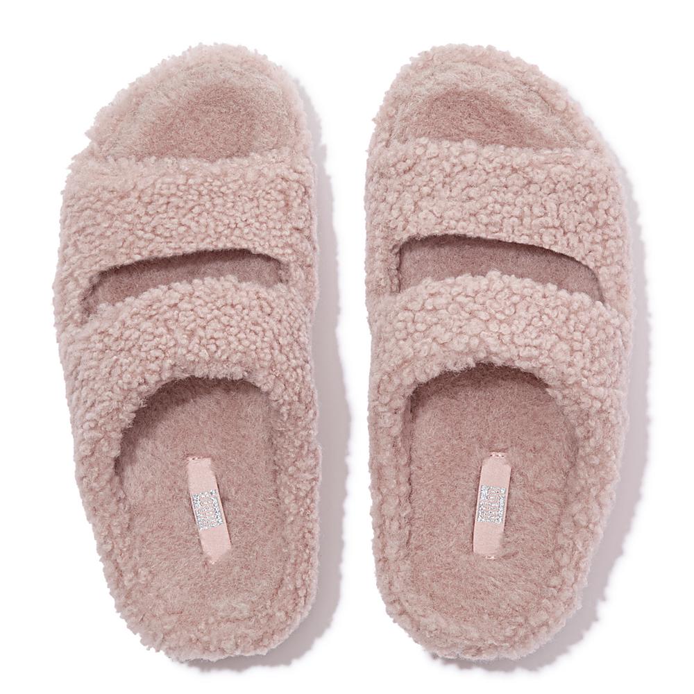 Women's Fitflop SHUV Two-Bar Shearling Slides Slippers Pink | Ireland-42187