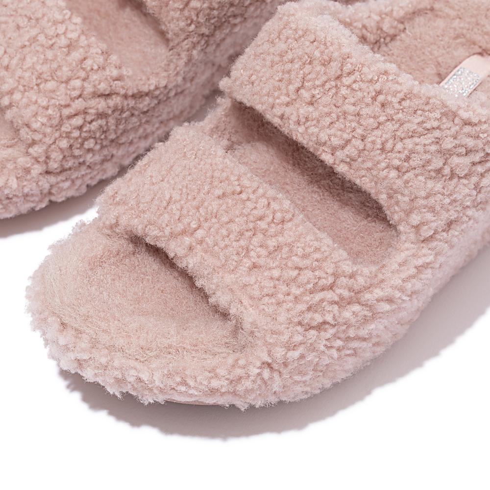 Women's Fitflop SHUV Two-Bar Shearling Slides Slippers Pink | Ireland-42187