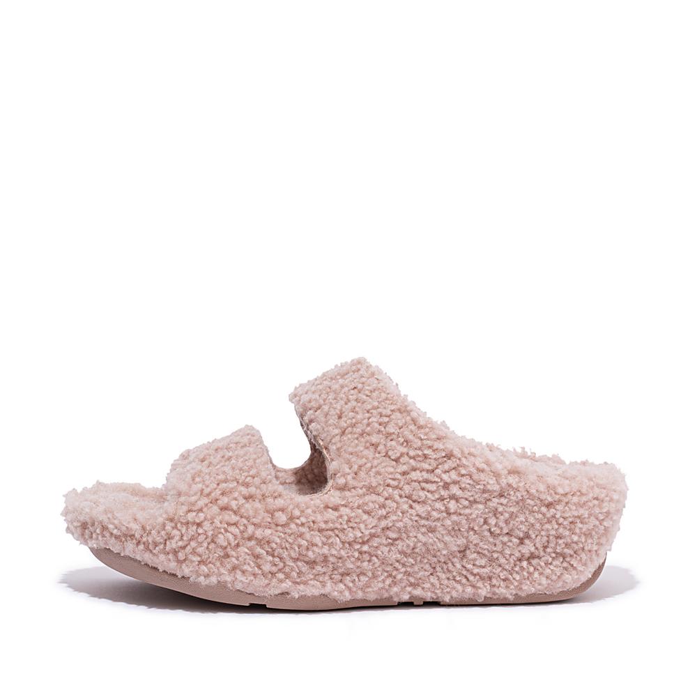 Women\'s Fitflop SHUV Two-Bar Shearling Slides Slippers Pink | Ireland-42187