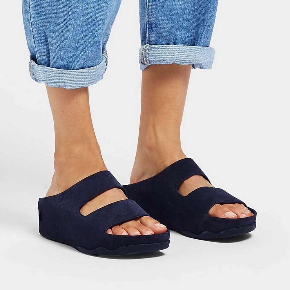 Women's Fitflop SHUV Two-Bar Suede Slides Sandals Navy | Ireland-74961