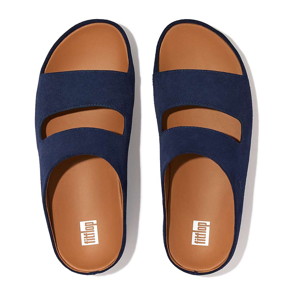 Women's Fitflop SHUV Two-Bar Suede Slides Sandals Navy | Ireland-74961