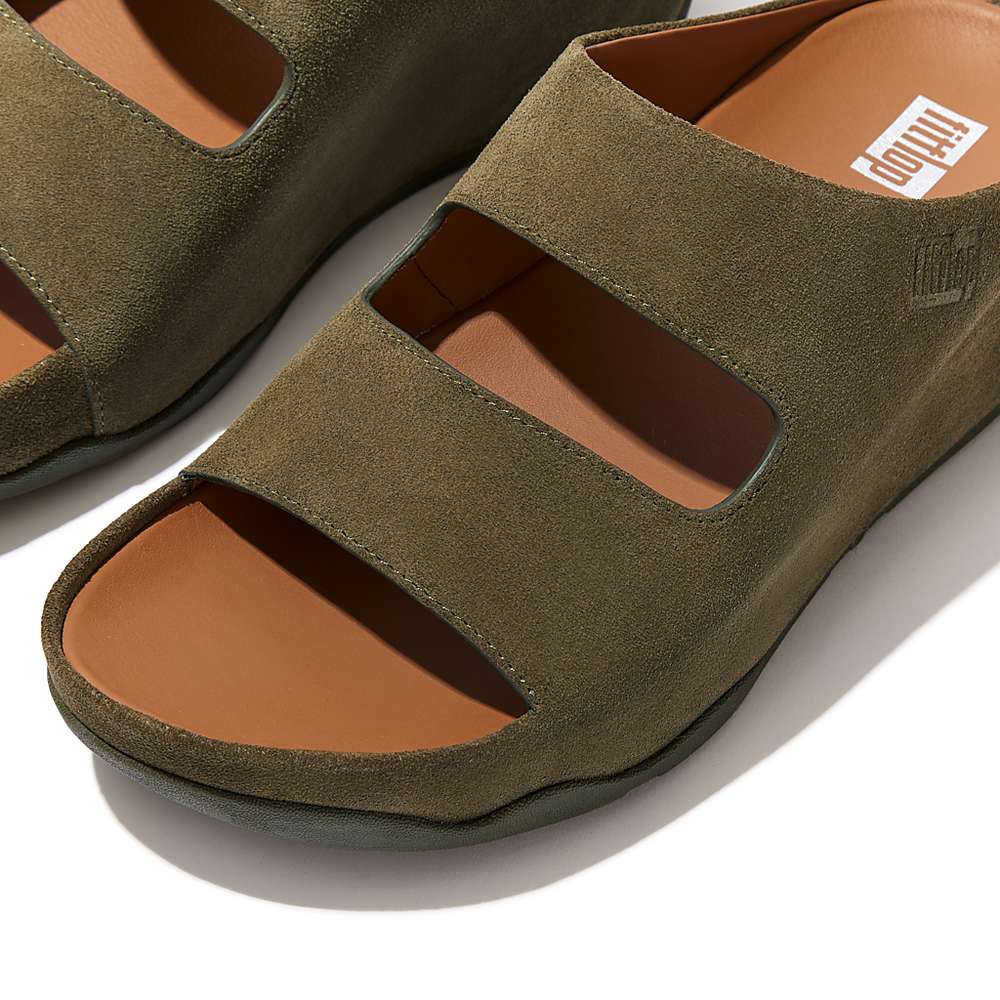 Women's Fitflop SHUV Two-Bar Suede Slides Sandals Olive | Ireland-90538