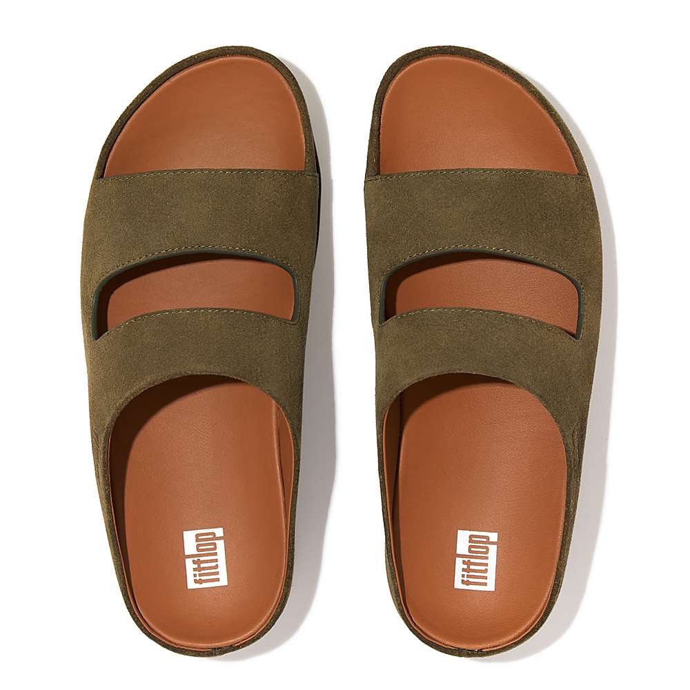 Women's Fitflop SHUV Two-Bar Suede Slides Sandals Olive | Ireland-90538