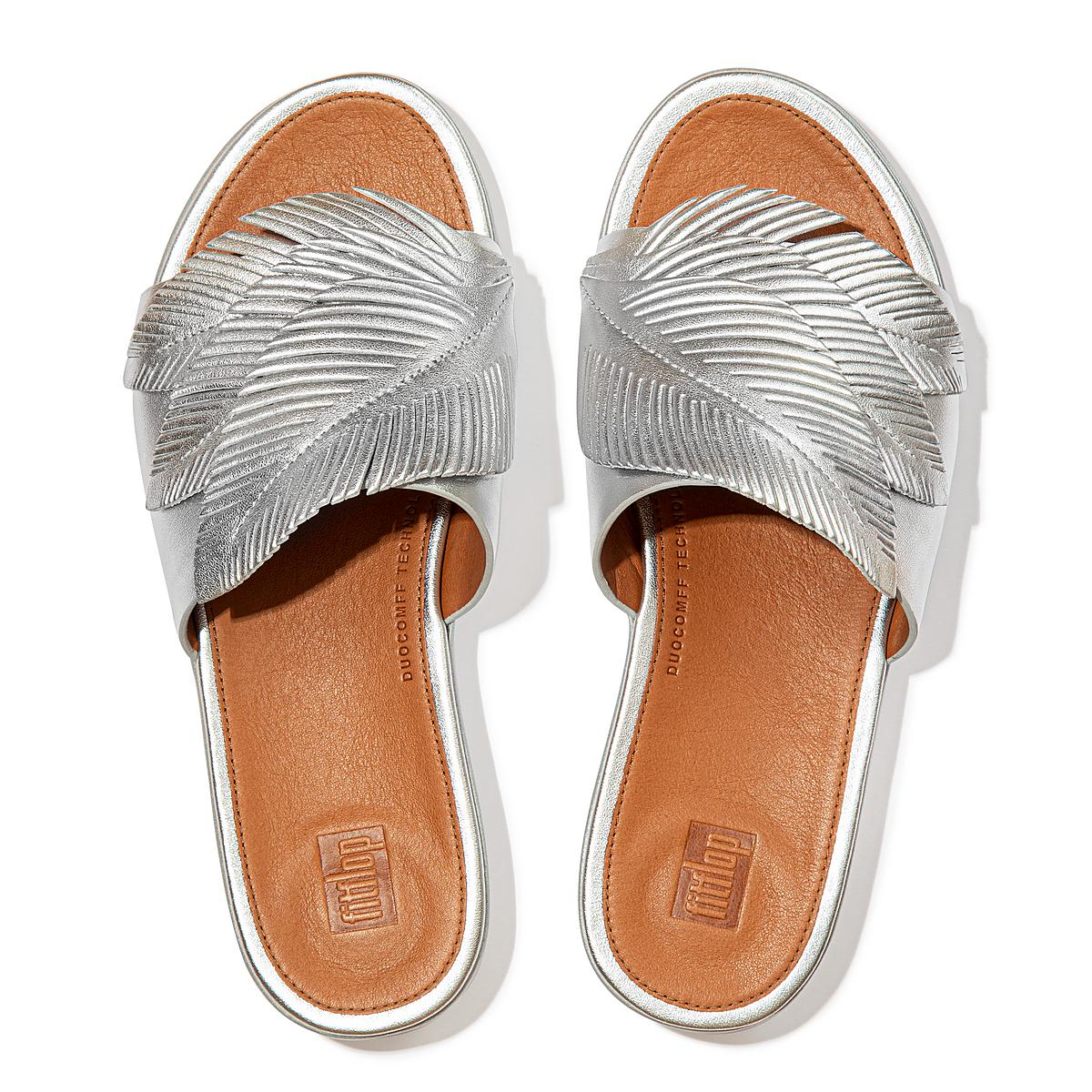 Women's Fitflop SOLA Feather Metallic Leather Slides Sandals Silver | Ireland-23759