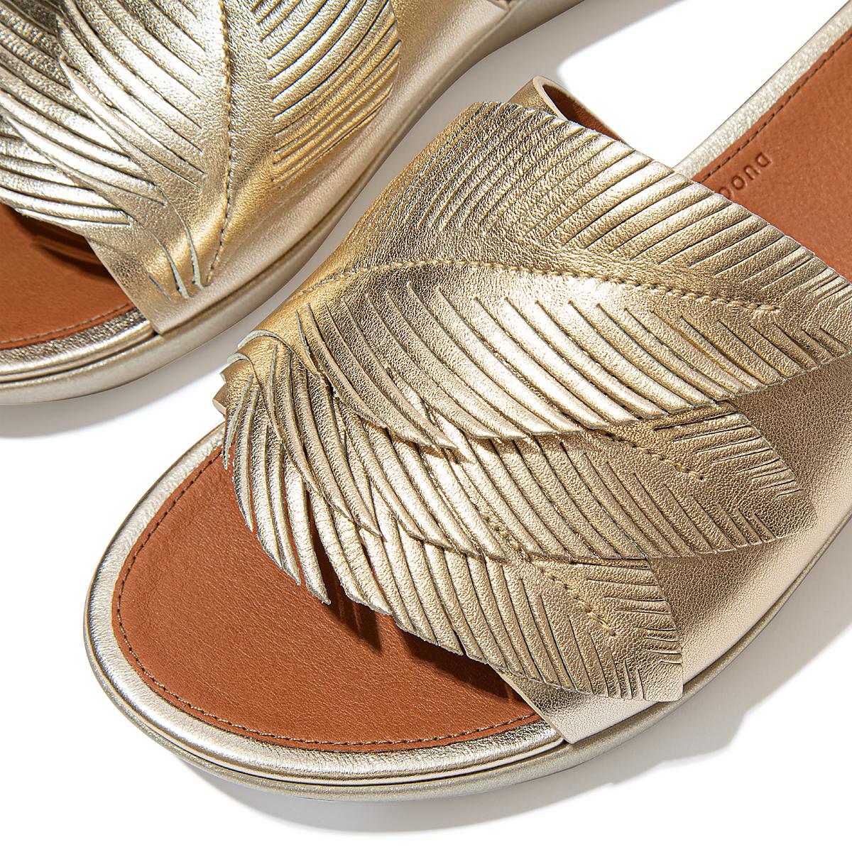 Women's Fitflop SOLA Feather Metallic Leather Slides Sandals Brown/Gold | Ireland-26743