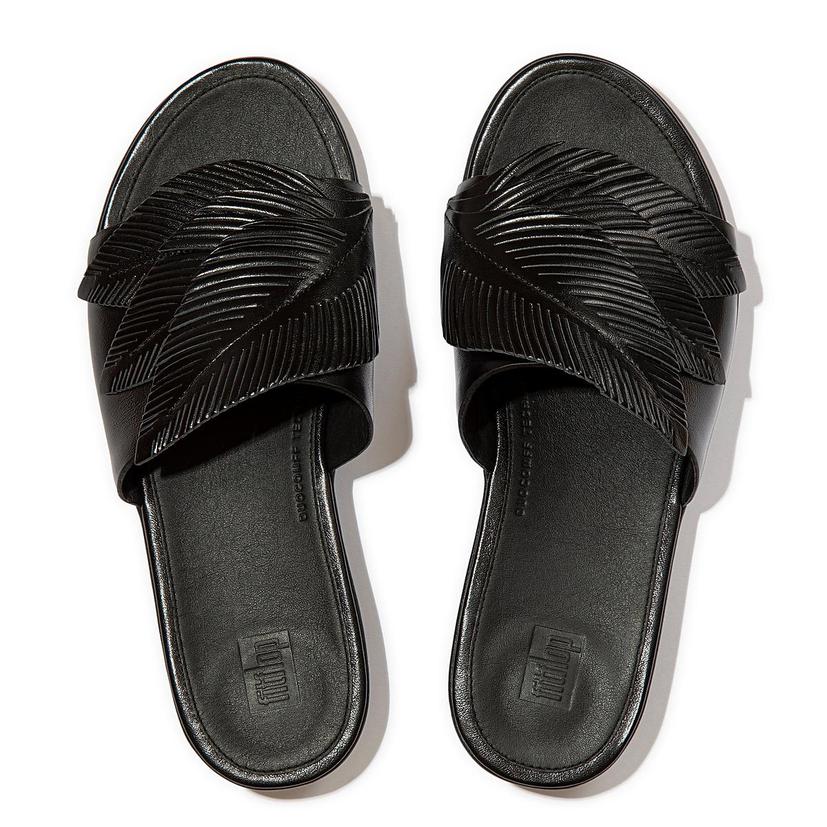 Women's Fitflop SOLA Feather Metallic Leather Slides Sandals Black | Ireland-78094