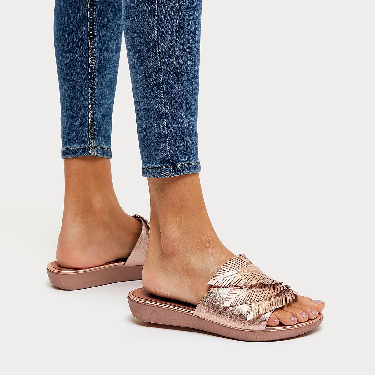 Women's Fitflop SOLA Feather Metallic Leather Slides Sandals Rose Gold | Ireland-83095