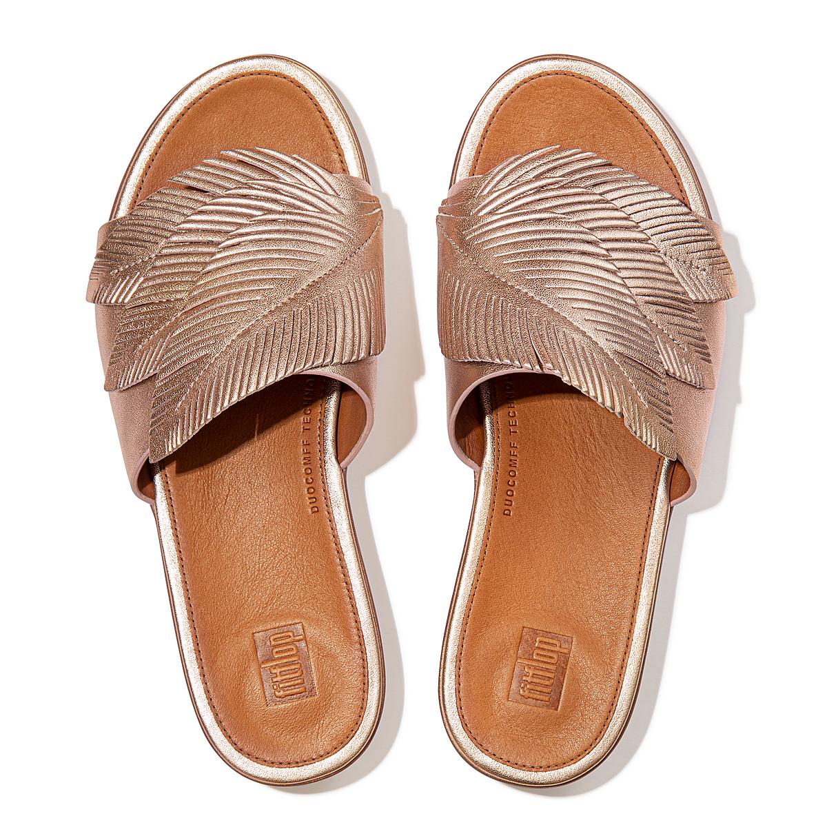 Women's Fitflop SOLA Feather Metallic Leather Slides Sandals Rose Gold | Ireland-83095