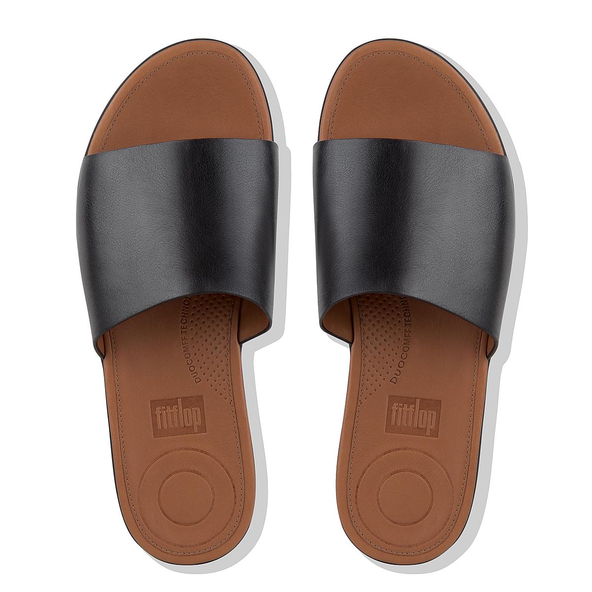 Women's Fitflop SOLA Leather Slides Sandals Black | Ireland-34610