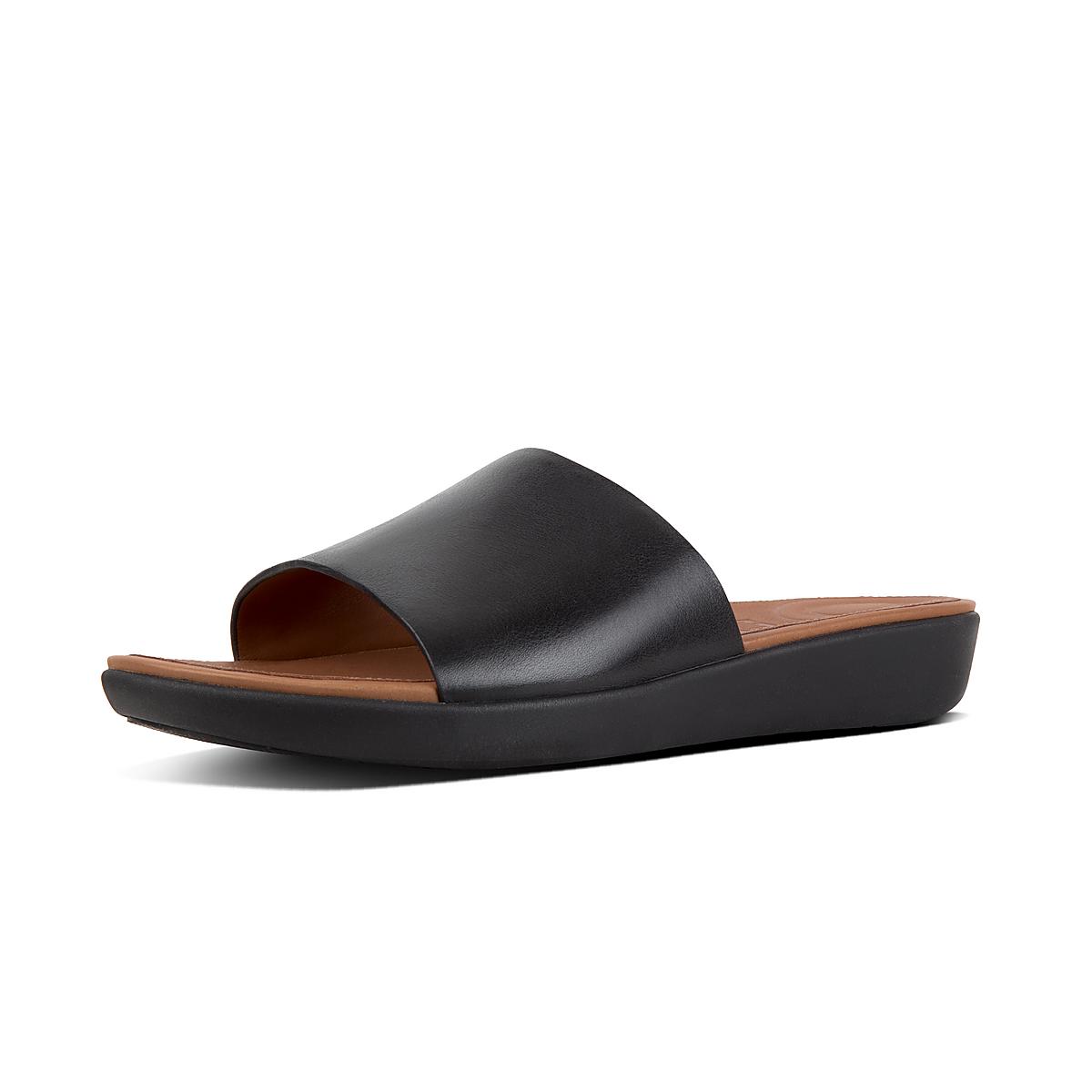 Women's Fitflop SOLA Leather Slides Sandals Black | Ireland-34610